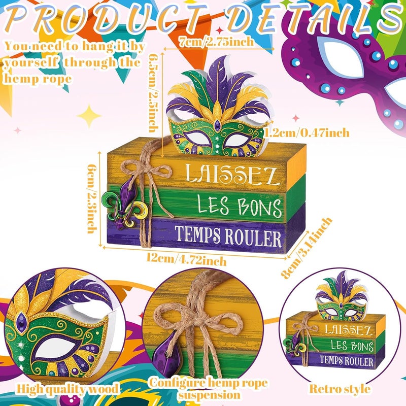 Anglechic 4 Pcs Mardi Gras Decorations for Home Mardi Gras Centerpieces Masquerade Masks Table Decorations Farmhouse Wooden Tabletop Blocks Sign for Rustic Tiered Tray Shelf Office Carnival - Image 4
